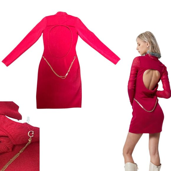 Y2K STYLE RED LOW BACK GUESS GOLD BELT PARTY NIGHTLIFE DRESS M NWT - Picture 1 of 4